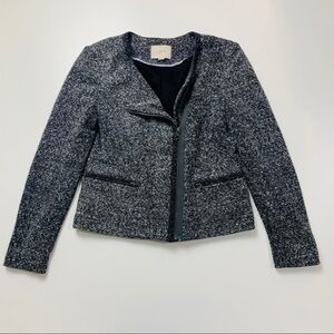 Ann Taylor LOFT Jacket Blazer Tweed Moto Full Zipper Black White Pocket Petite